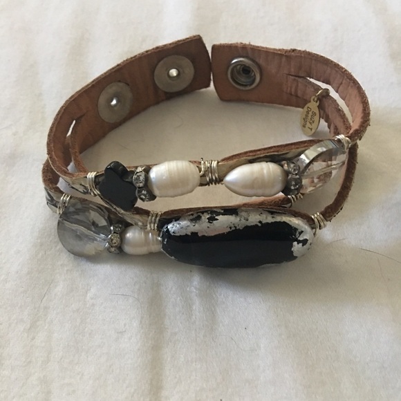 Reptile leather bracelet by Suzy T Design. Stones & beads adorn the leather. - Picture 6 of 7